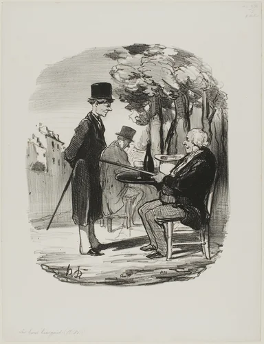 "- You are not having your bottle of beer with us this evening... I can tell you are having a private dinner party today, you scoundrel...," plate 81 from Les Bons Bourgeois by Honoré-Victorin Daumier, print, 1849