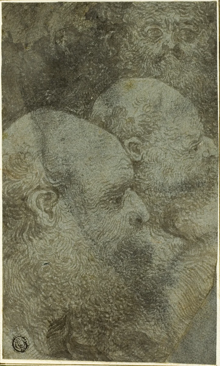 Three Bearded Male Heads, Two in Profile to the Right by Bernardino Lanino, drawing, 1535-1599