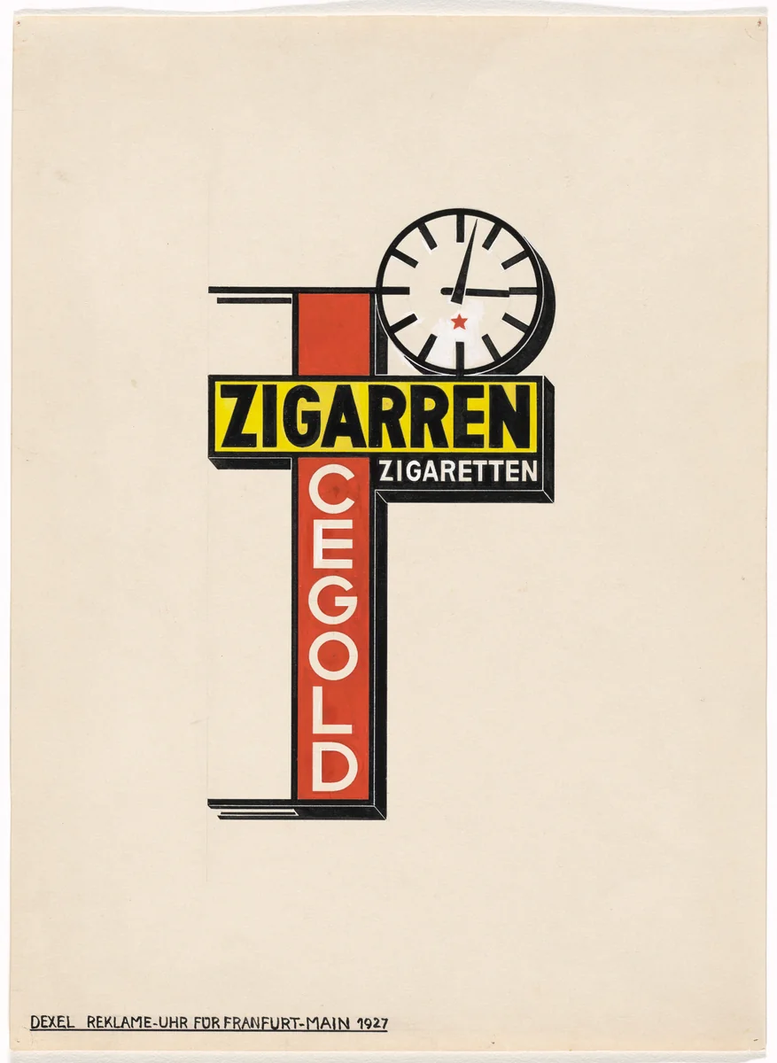 Advertising Clock for Frankfurt-Main (Reklame-Uhr für Frankfurt-Main). Promotional design for Cegold Cigars and Cigarettes by Walter Dexel, drawing, 1927