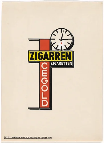 Advertising Clock for Frankfurt-Main (Reklame-Uhr für Frankfurt-Main). Promotional design for Cegold Cigars and Cigarettes by Walter Dexel, drawing, 1927