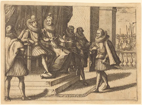 King and Queen in Consultation about the Turks by Jacques Callot, print, 1612