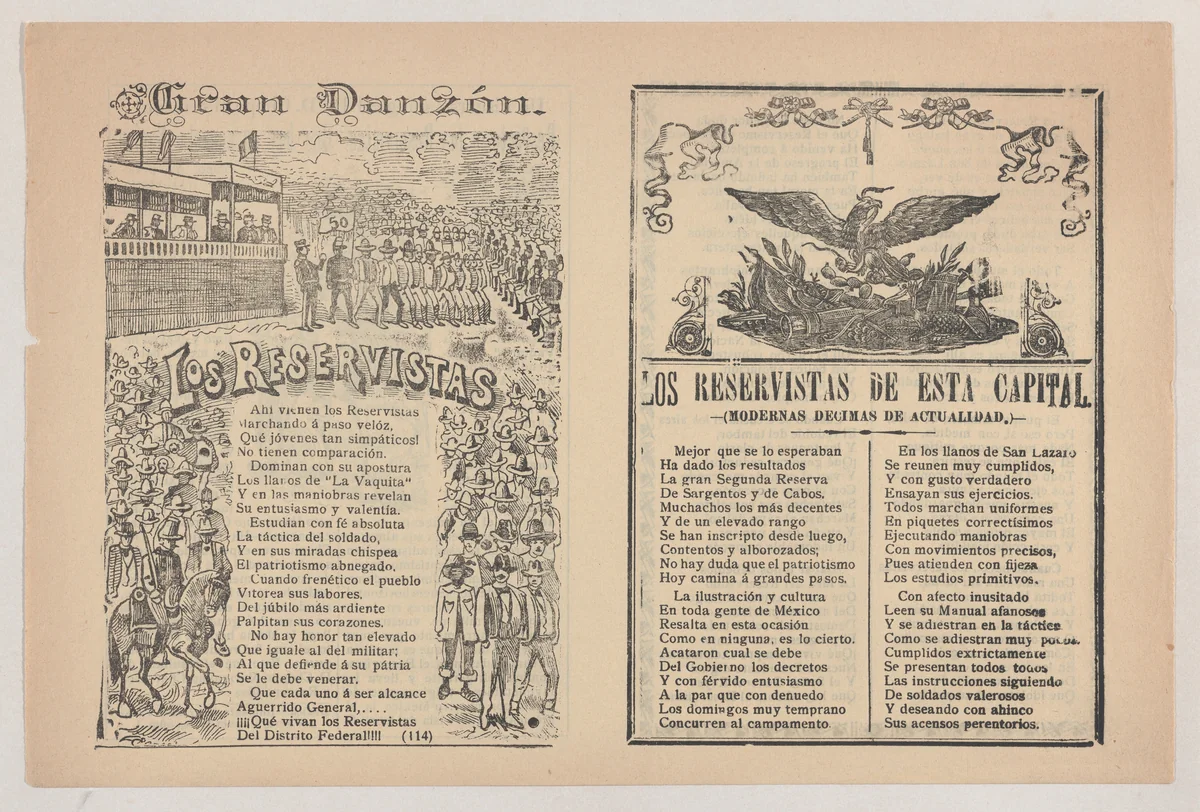 Broadsheet with a song about a military reserve, military personnel in formation by José Guadalupe Posada, print, 1885-1915