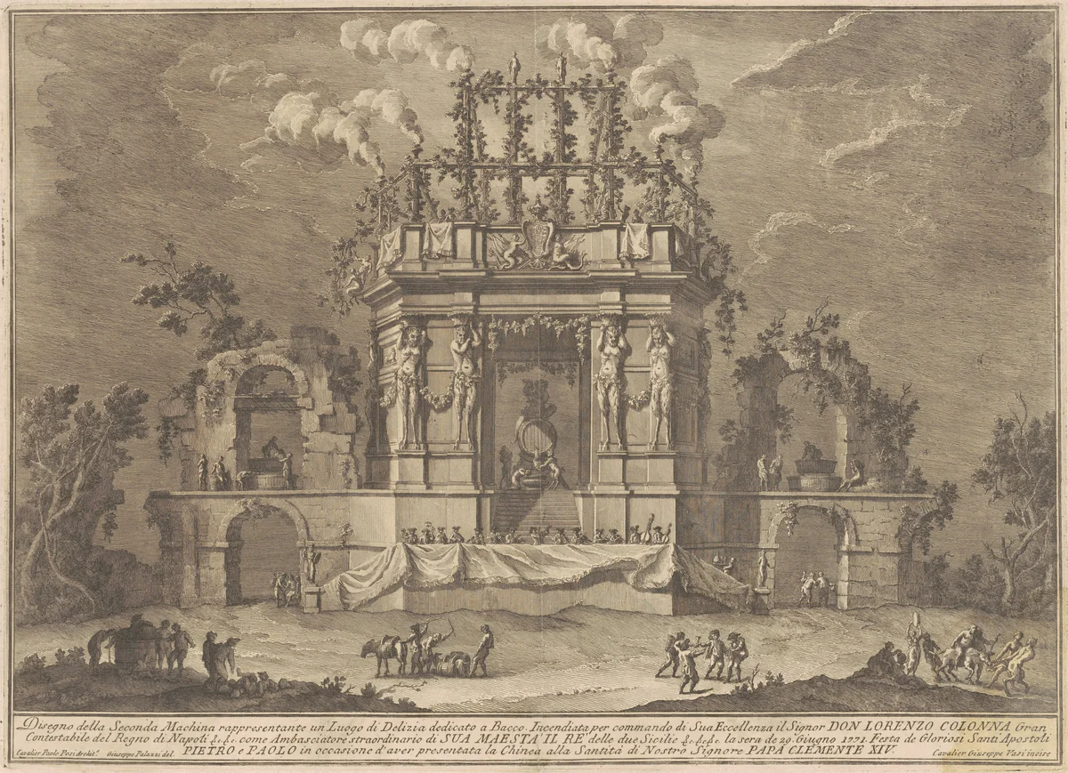 The Seconda Macchina for the Chinea of 1771: A Pleasure Palace Dedicated to Bacchus by Giuseppe Vasi, print, 1771