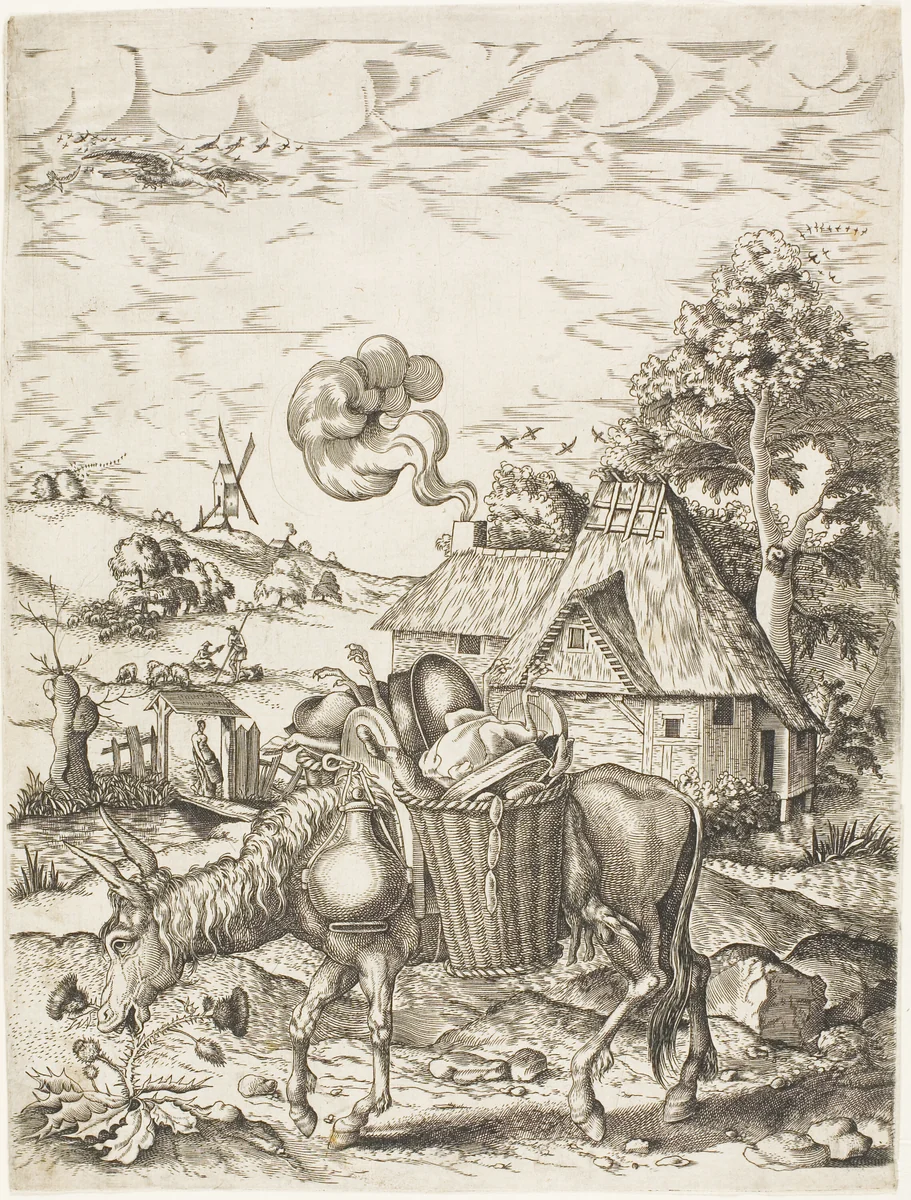 The Donkey Laden with Food, from Emblematic Figures of Animals by Adrian van de Venne, print, 1628-1638