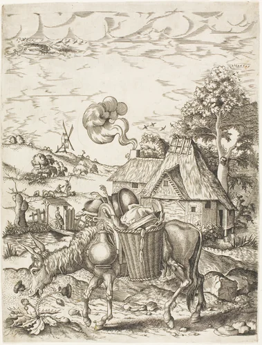 The Donkey Laden with Food, from Emblematic Figures of Animals by Adrian van de Venne, print, 1628-1638