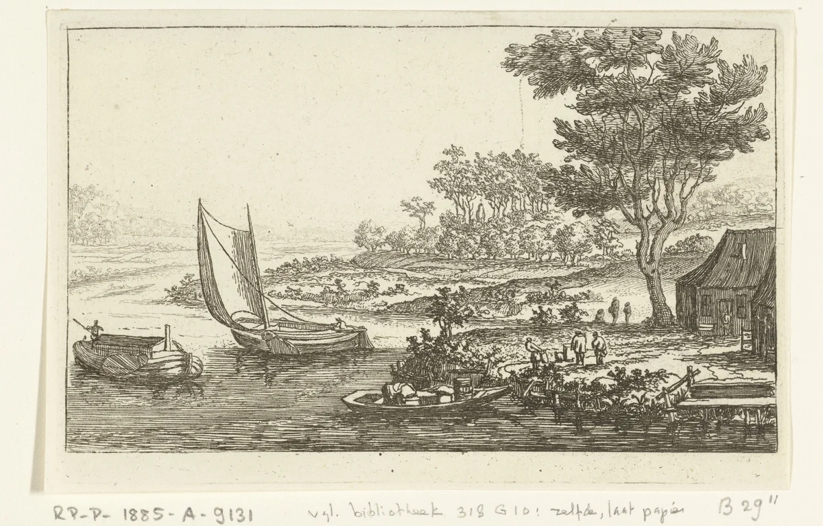 Rivierlandschap met drie boten by Jan van Almeloveen, print, 1662-1683