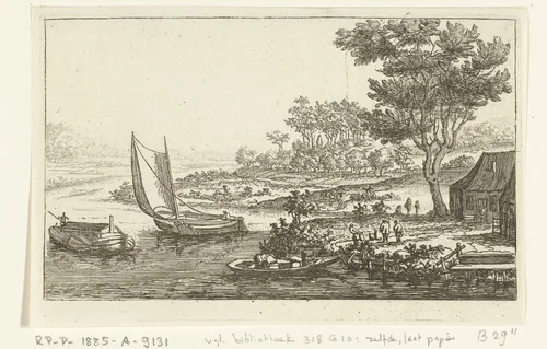 Rivierlandschap met drie boten by Jan van Almeloveen, print, 1662-1683