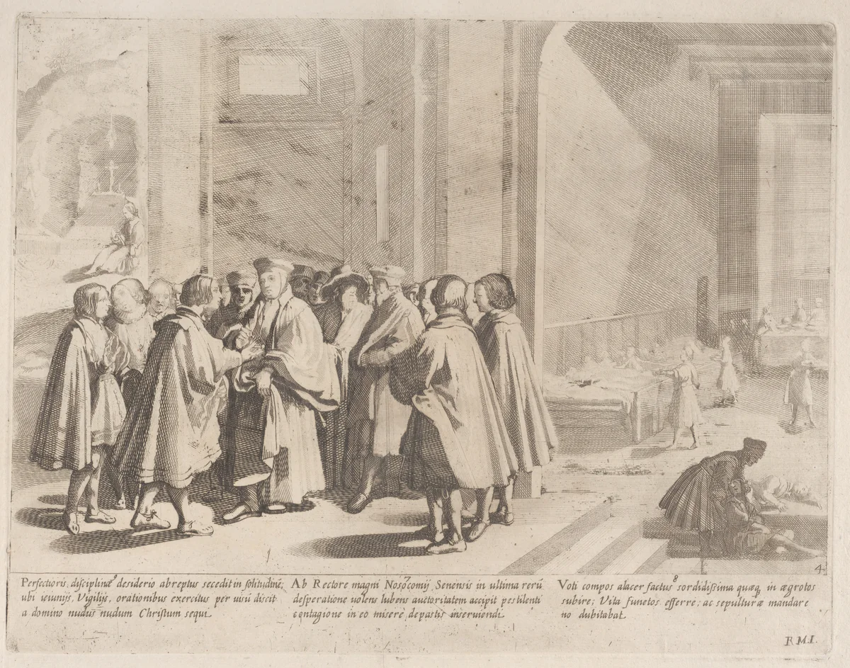 Episode 7: Sienese hospitals turn to the rector in desperation during an outbreak of disease; Episode 8: A terrible pestilence plagues Siena; Episode 9: Saint Bernardino withdraws to hold vigil and contemplate, from "The Life of Saint Bernardino of Siena" by Bernardino Capitelli, print, 1610-1639