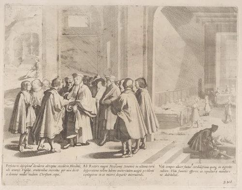 Episode 7: Sienese hospitals turn to the rector in desperation during an outbreak of disease; Episode 8: A terrible pestilence plagues Siena; Episode 9: Saint Bernardino withdraws to hold vigil and contemplate, from "The Life of Saint Bernardino of Siena" by Bernardino Capitelli, print, 1610-1639