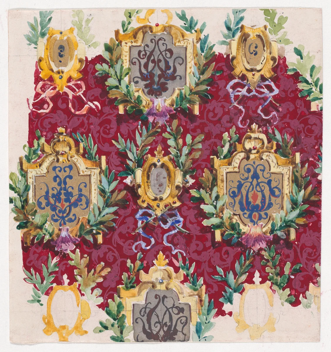 Design for Wallpaper with Alternating Vertical Rows of Pairs of Ornamental Frames of Two Sizes Framed by Interlacing Garlands of Laurel Leaves Tied by a Bow by anonymous, drawing, 1870-1900