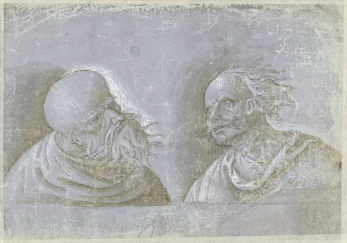 Twee hoofden van mannen met hoofddeksels by Unknown, drawing, 1500-1525