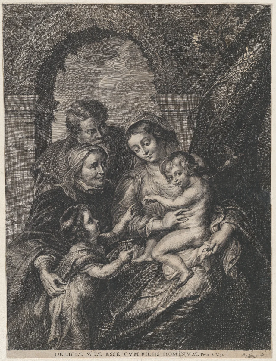 The Holy Family with Saint Elizabeth and the infant Saint John the Baptist, holding a bird on a string by anonymous, print, 1650-1700