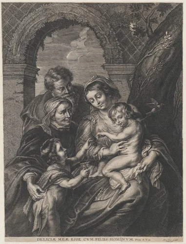 The Holy Family with Saint Elizabeth and the infant Saint John the Baptist, holding a bird on a string by anonymous, print, 1650-1700