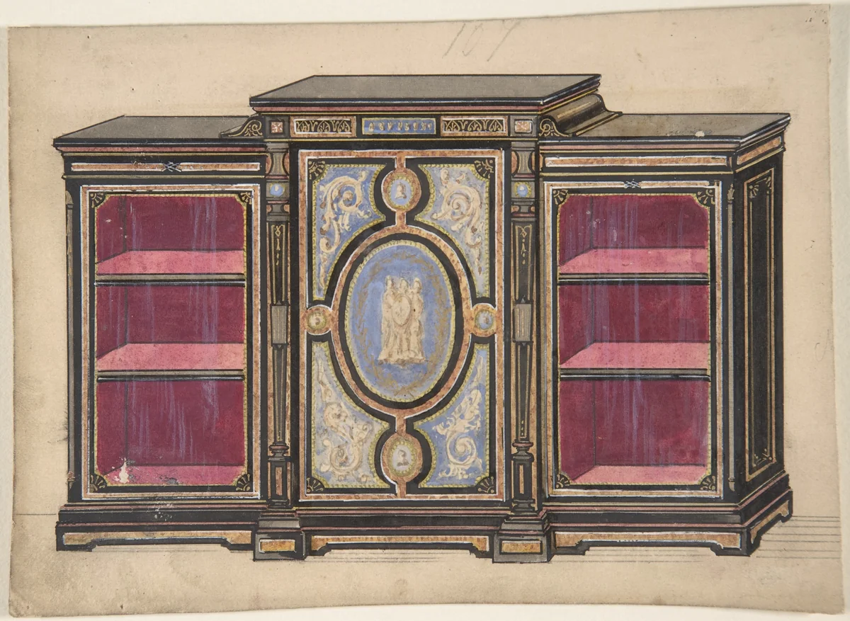 Cabinet Design with Renaissance style Ornament and Red Interior by anonymous, drawing, 1800-1900