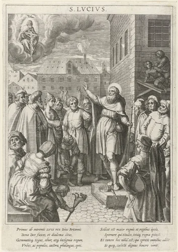 Heilige Lucius predikt voor de menigte by Raphaël Sadeler, print, 1615