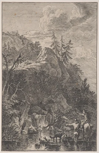 Plate 5: female figure on horseback and a male figure with a dog standing in a stream, pointing to a waterfall at left in the background, from 'Landscapes in the manner of Salvator Rosa' (Die Landschaften in Sal. Rosa's) by Franz Joachim Beich, print, 1695-1730