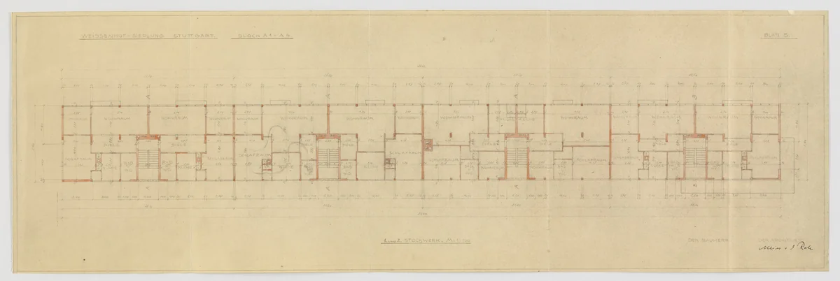 Weissenhof Apartment House, "The Dwelling" Exhibition, Stuttgart, Germany (Plan, block A1-A4, second and third floors.) by Ludwig Mies van der Rohe, mies van der rohe archive, 1926