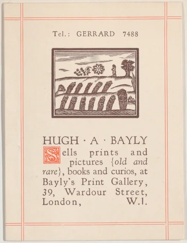 Trade card for Hugh A. Bayly, printseller by anonymous, print, 1800-1900