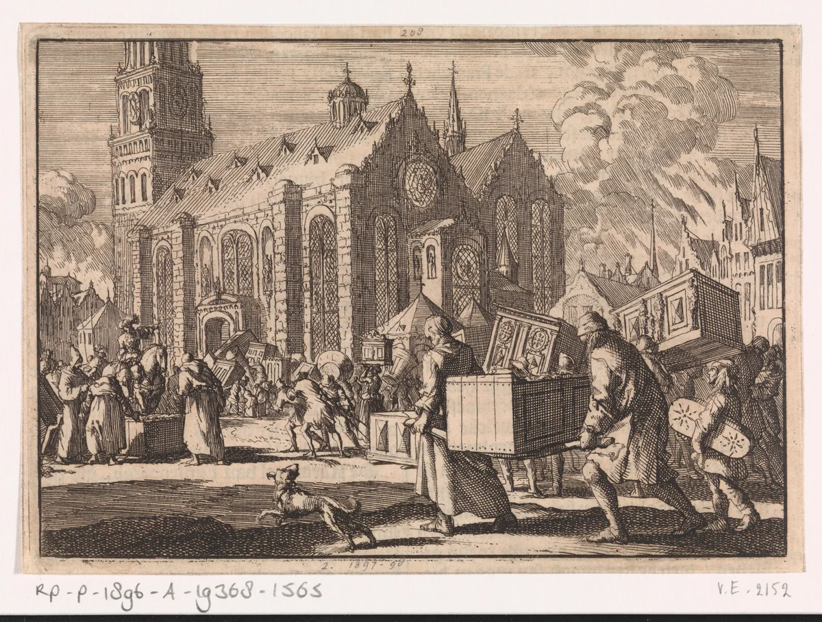 Inwoners van Spiers brengen in goed vertrouwen hun meubelen naar de Dom waar ze vervolgens door de Franse generaal Monclar worden verbrand, 1689 by Jan Luyken, print, 1698