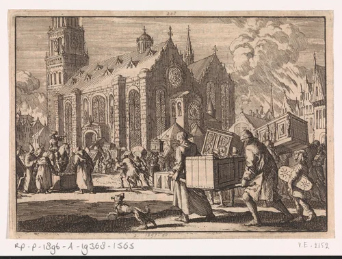 Inwoners van Spiers brengen in goed vertrouwen hun meubelen naar de Dom waar ze vervolgens door de Franse generaal Monclar worden verbrand, 1689 by Jan Luyken, print, 1698