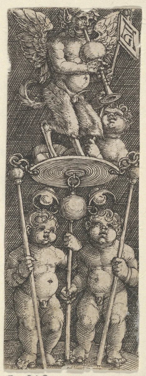 Vertical Panel with Two Children Supporting a Pedestal with a Satyr Playing a Bagpipe by Heinrich Aldegrever, print, 1524-1530