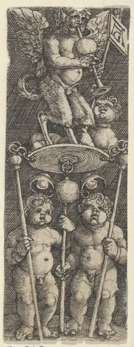 Vertical Panel with Two Children Supporting a Pedestal with a Satyr Playing a Bagpipe by Heinrich Aldegrever, print, 1524-1530