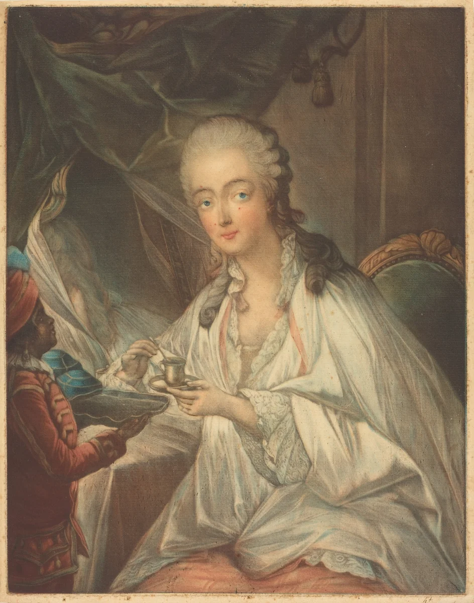 Jeanne Bécu, Comtesse Du Barry, Being Offered a Cup of Coffee by Zamor by Jean-Baptiste-André Gautier-Dagoty, François-Hubert Drouais, print, 1771