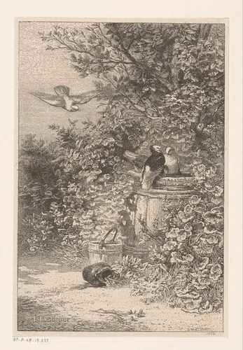 Vogels bij een regenton in het struikgewas by Karl Bodmer, print, 1866
