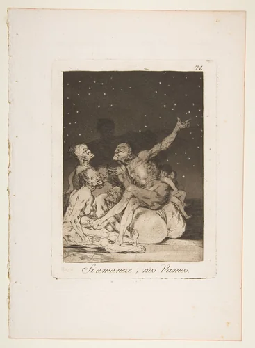 Plate 71 from "Los Caprichos": When day breaks we will be off (Si amanece; nos Vamos) by Goya, print, 1799