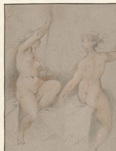 Twee zittende vrouwelijke naakten by Unknown, drawing, 1568