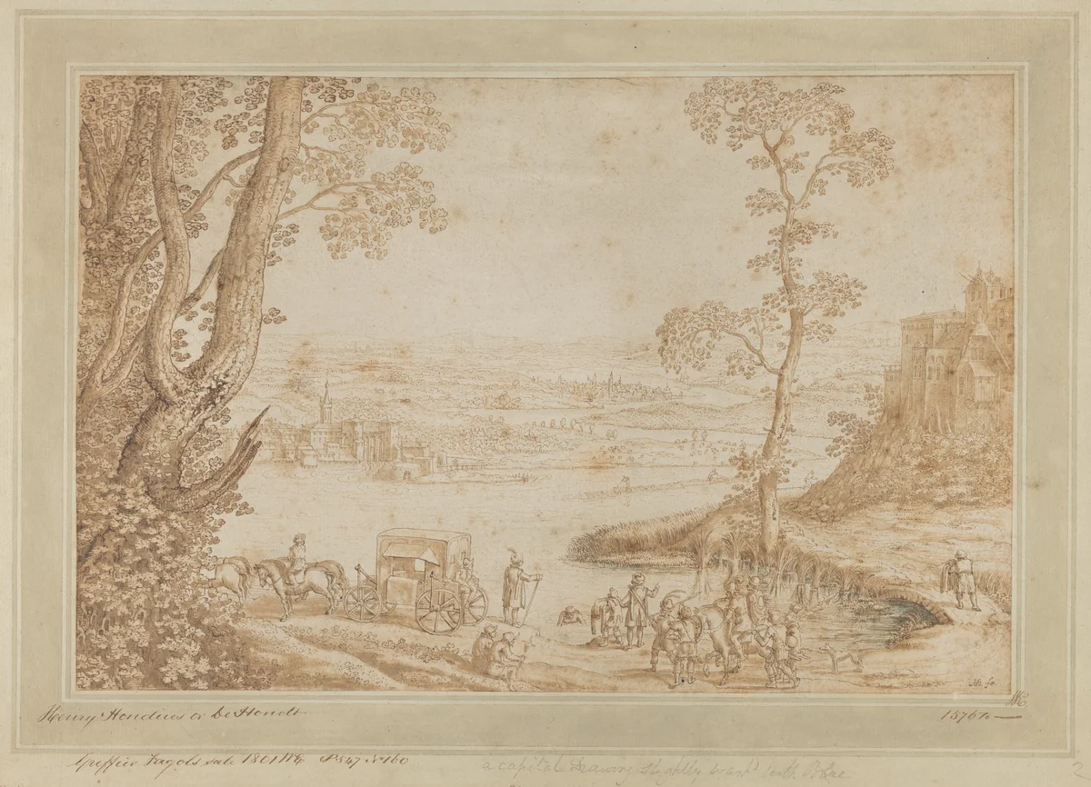 A River Landscape with the Baptism of the Eunuch by Hendrick Hondius, drawing, 1600-1630