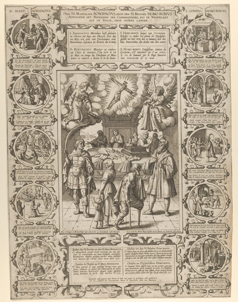 St. Bonifacius and St. Homobonus, Patron Saints of Tailors by Pieter de Jode II, print, 1600-1699