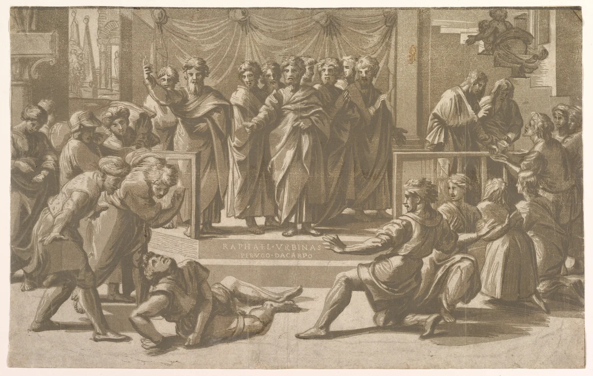 The death of Ananias, surrounded by Apostles by Ugo da Carpi, print, 1518
