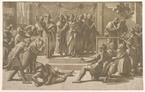 The death of Ananias, surrounded by Apostles by Ugo da Carpi, print, 1518