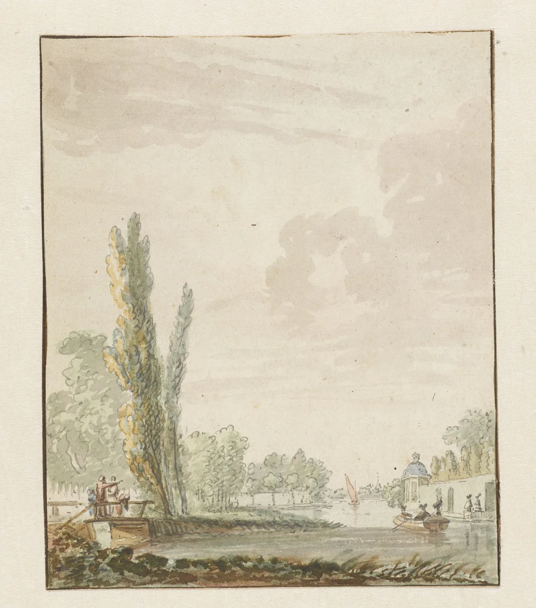 Gezicht langs een rivier met rechts een theekoepelje by Pieter Bartholomeusz. Barbiers, drawing, 1782-1837