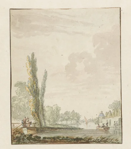 Gezicht langs een rivier met rechts een theekoepelje by Pieter Bartholomeusz. Barbiers, drawing, 1782-1837