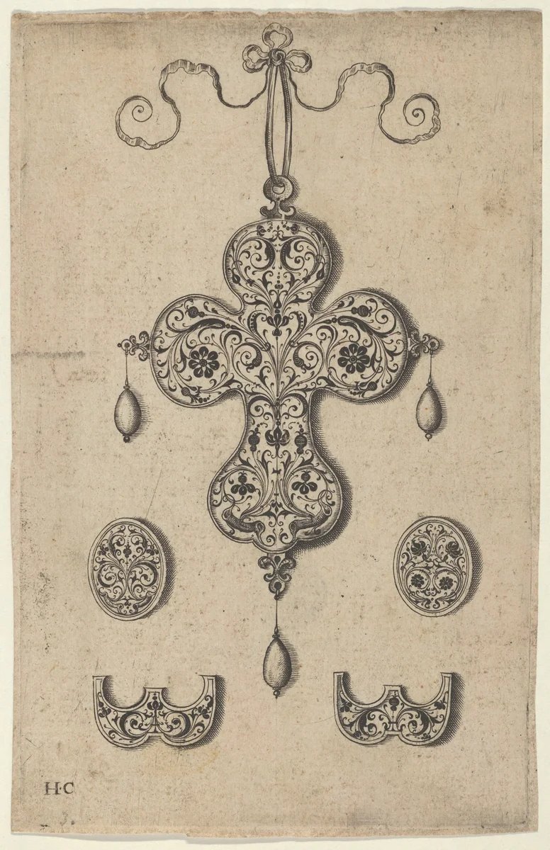 Design for the Verso of a Cross-Shaped Pendant Above a Pair of Oval Ornaments and Axe-Shaped Ornaments by Jan Collaert, print, 1530-1573