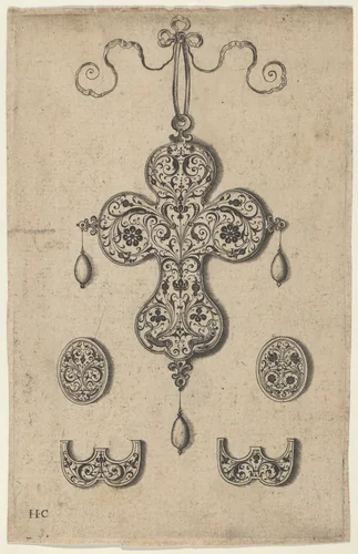 Design for the Verso of a Cross-Shaped Pendant Above a Pair of Oval Ornaments and Axe-Shaped Ornaments by Jan Collaert, print, 1530-1573