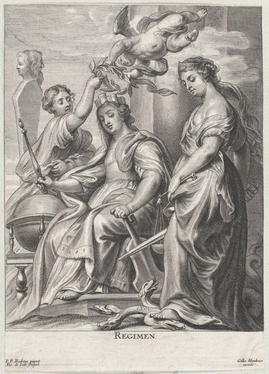 Allegory of Good Government, seated at center and being crowned by a putto and a woman at left, Justice standing atop a hydra at right by Pieter de Jode II, print, 1635-1674