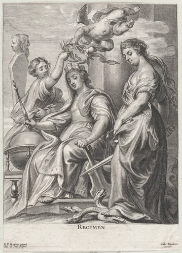 Allegory of Good Government, seated at center and being crowned by a putto and a woman at left, Justice standing atop a hydra at right by Pieter de Jode II, print, 1635-1674