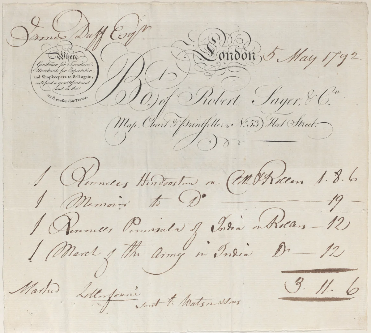 Trade Card for Robert Sayer & Co., Map, Chart and Printsellers by anonymous, print, 1800-1900