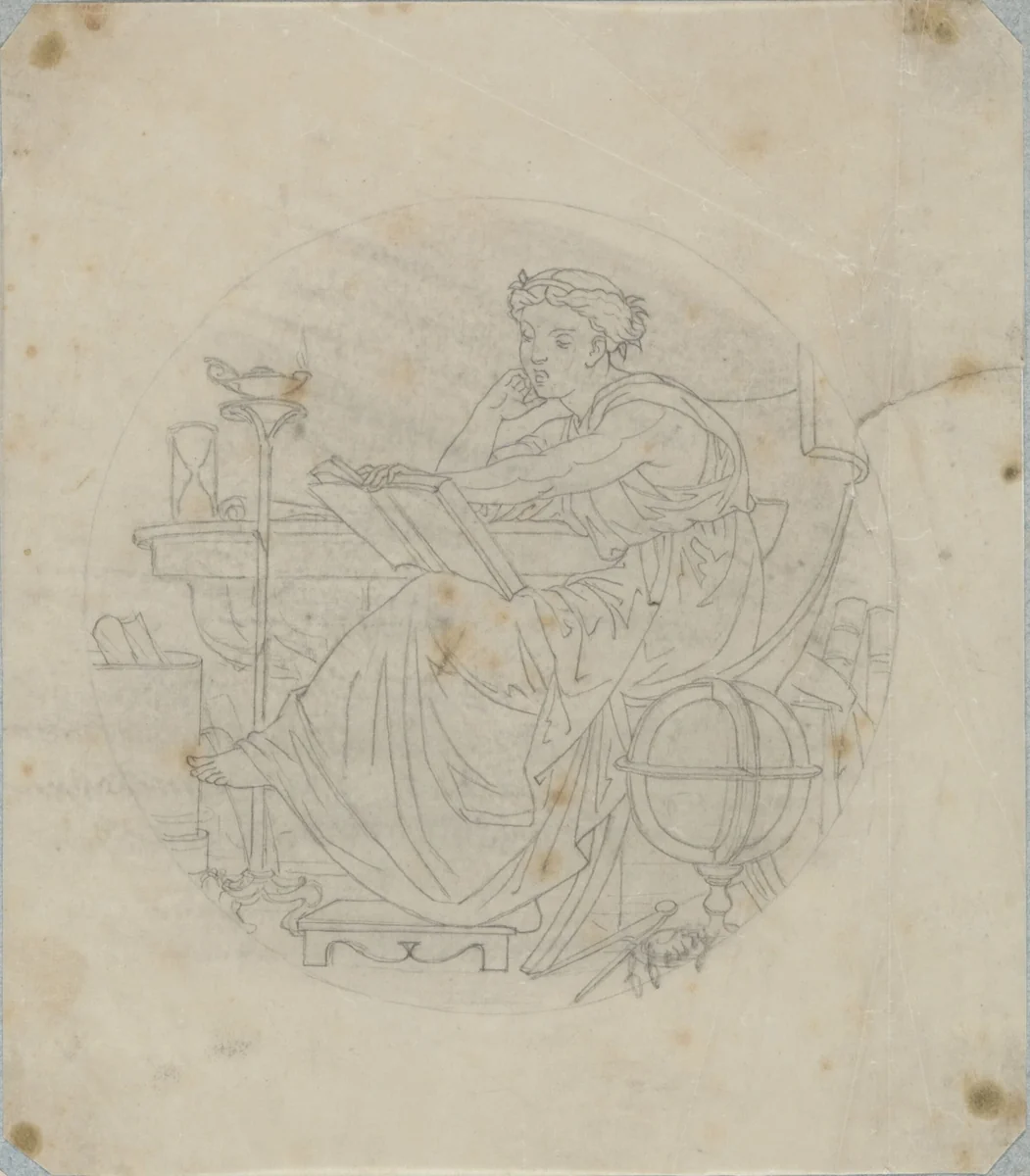 Rond medaillon met een antieke vrouwenfiguur die een boek leest, bij een globe, een zandloper, papierrollen en een olielamp by Henri Cameré, drawing, 1864-1894