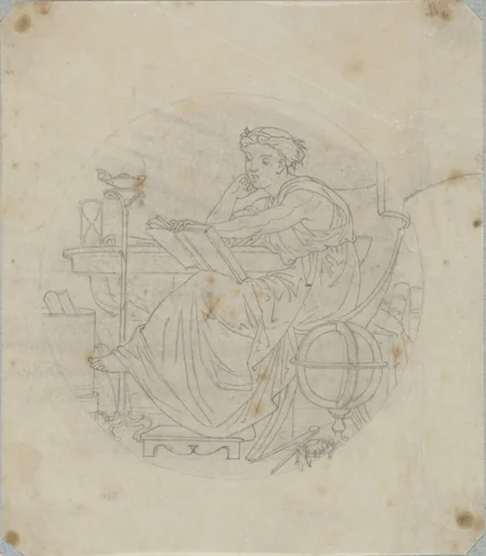 Rond medaillon met een antieke vrouwenfiguur die een boek leest, bij een globe, een zandloper, papierrollen en een olielamp by Henri Cameré, drawing, 1864-1894