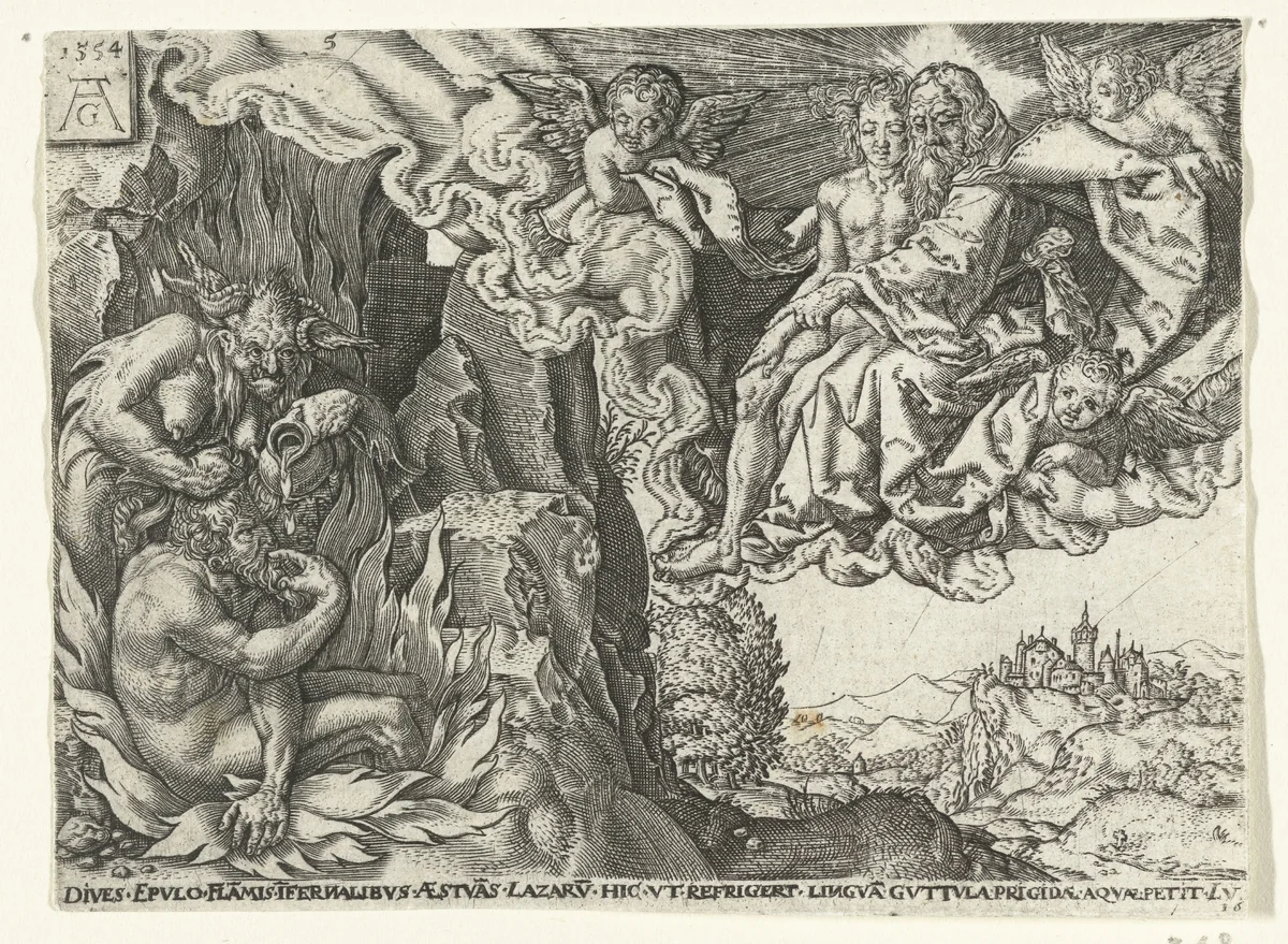 De rijke man in de hel ziet Abraham met Lazarus by anonymous, print, 1554-1610