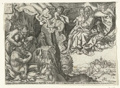 De rijke man in de hel ziet Abraham met Lazarus by anonymous, print, 1554-1610