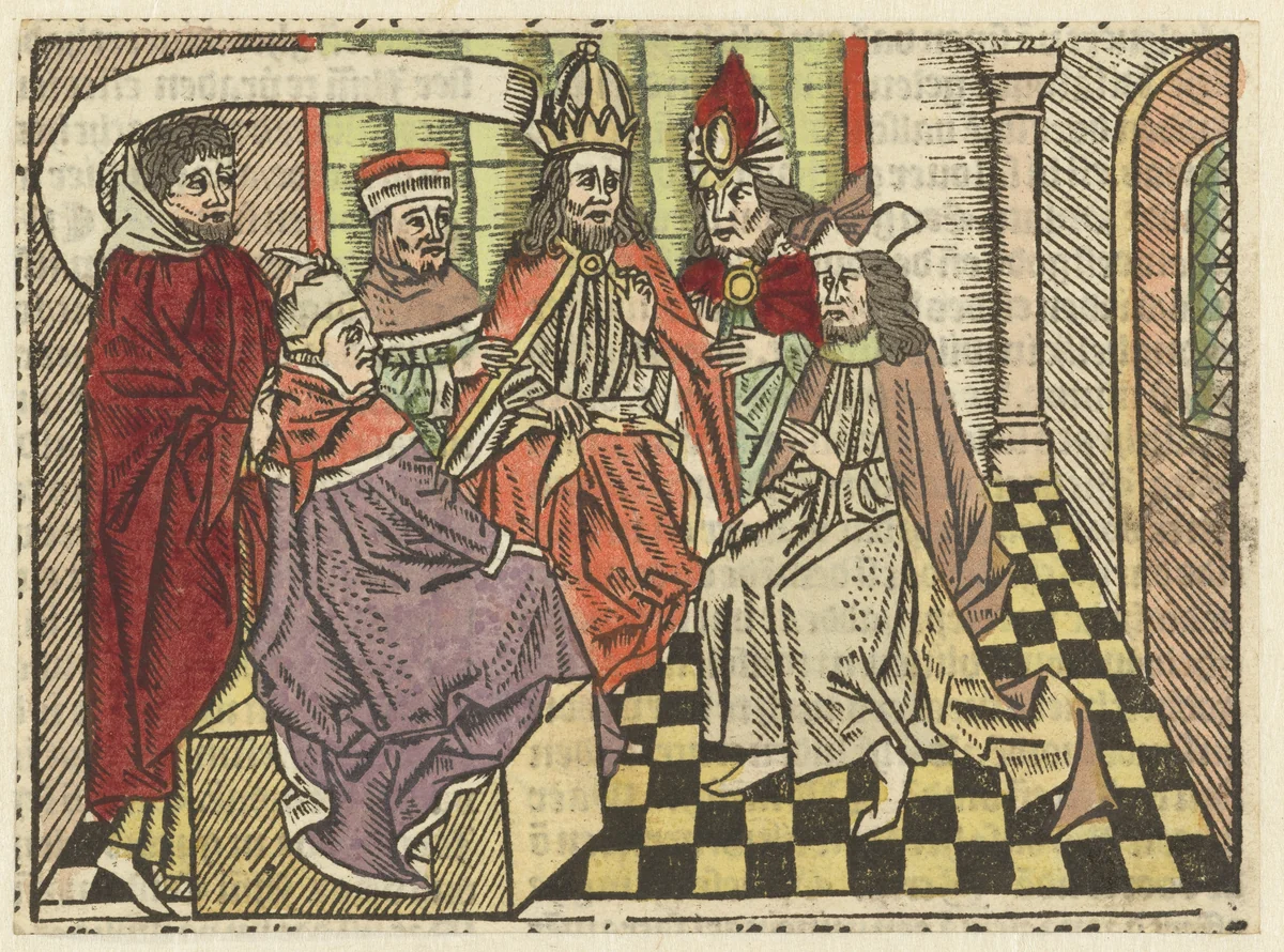Judas bij de hogepriesters om Christus te verraden by Unknown, print, 1485-1491