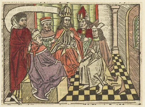 Judas bij de hogepriesters om Christus te verraden by Unknown, print, 1485-1491