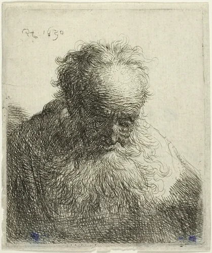 Bust of an Old Man with a Flowing Beard: The Head Bowed Forward: Left Shoulder Unshaded by Rembrandt van Rijn, print, 1630