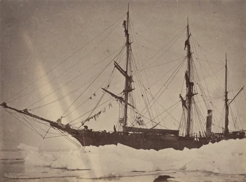 "Moored alongside the hummock ice, near a grounded berg, taking in fresh water" by George P. Critcherson, John L. Dunmore, William Bradford, photograph, 1869