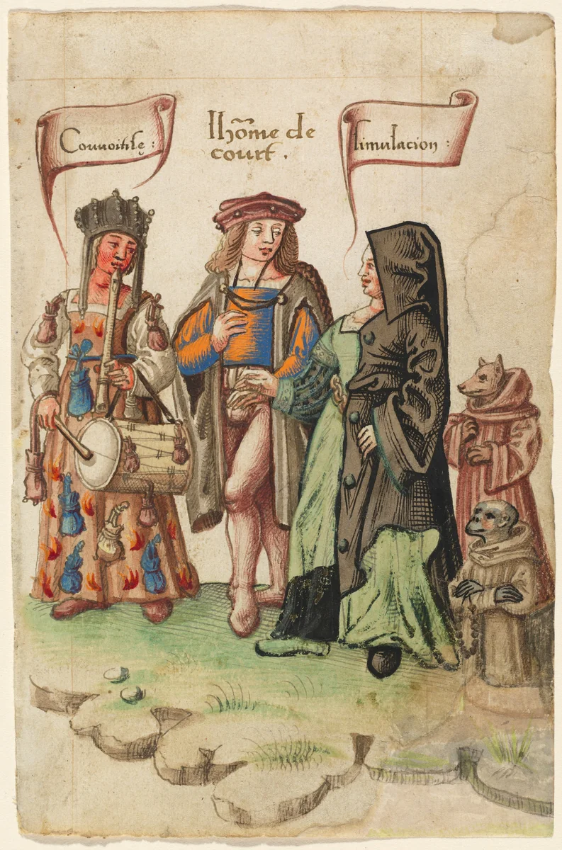 A Courtier Standing Between Covetousness and Dissimulation [fol. 14 recto] by French early 16th Century, drawing, 1512-1514